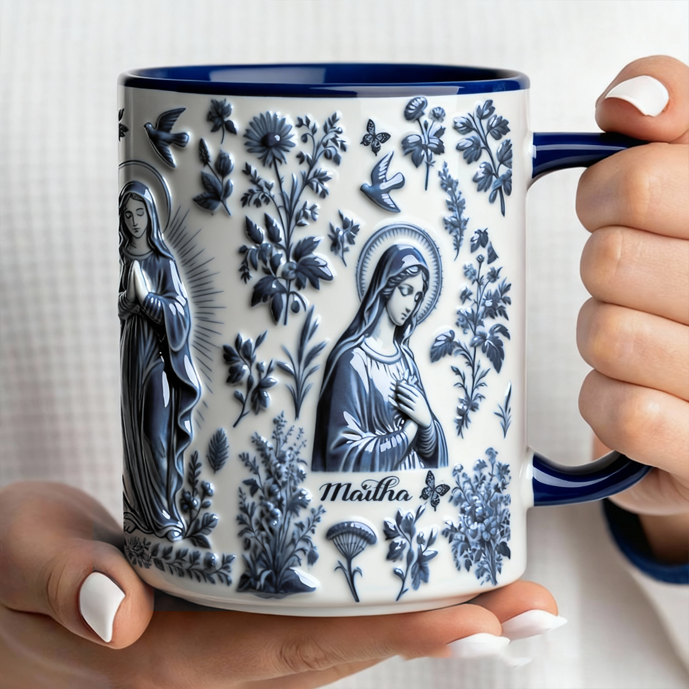 Personalized Catholic Virgin Mary Toile 11oz Ceramic Mug with Name 3D Effect Our Lady Coffee Cup Vintage Floral Marian Mug Christian Gift for Women