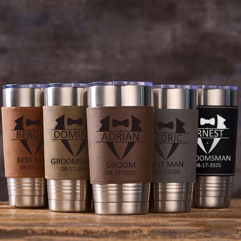 Personalized Groomsmen Gifts Tumbler 20oz Tumbler with Leather Sleeve for Men Groom Best Man Bachelor Party Gift Tumbler for Him