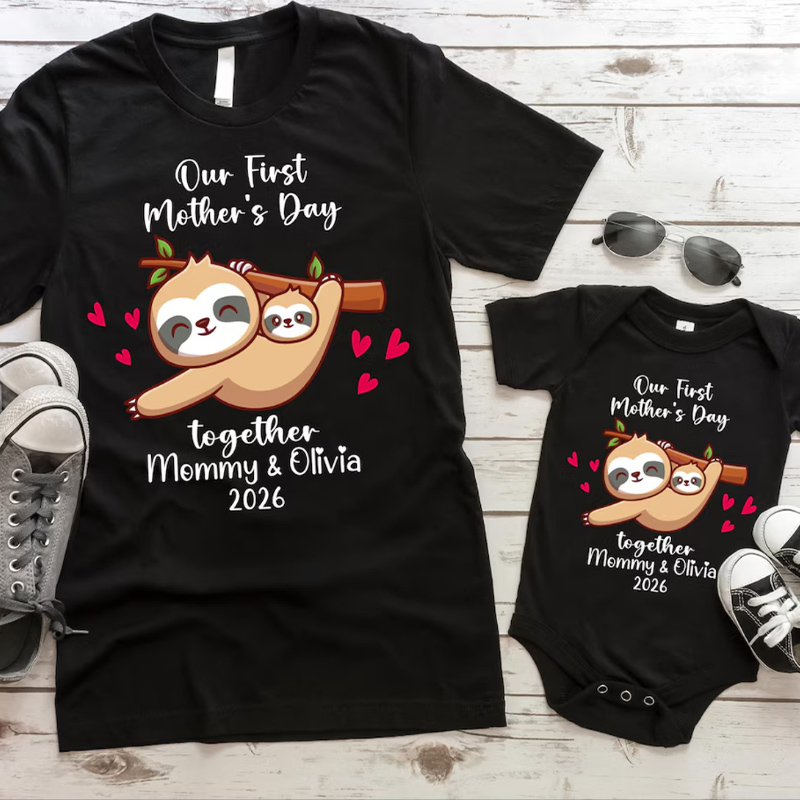 Personalized First Mother's Day Shirt Funny Sloth 1st Mother's Day T-shirt Mother and Baby Matching T-shirts