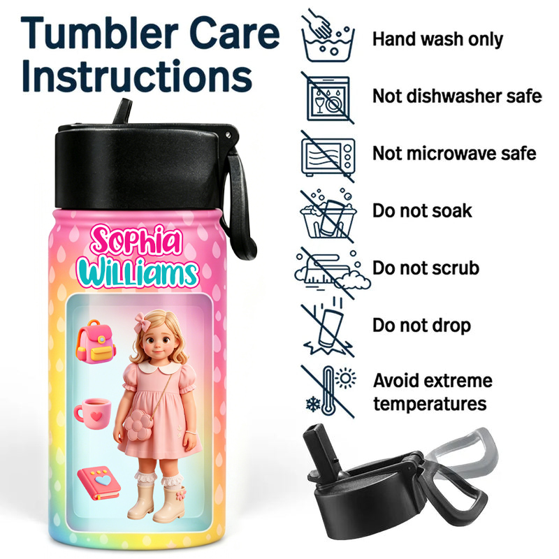 Personalized Rainbow Kids Water Bottle Custom Name Photo Thermos Cup Cute Cartoon Style Gift For Girls Design