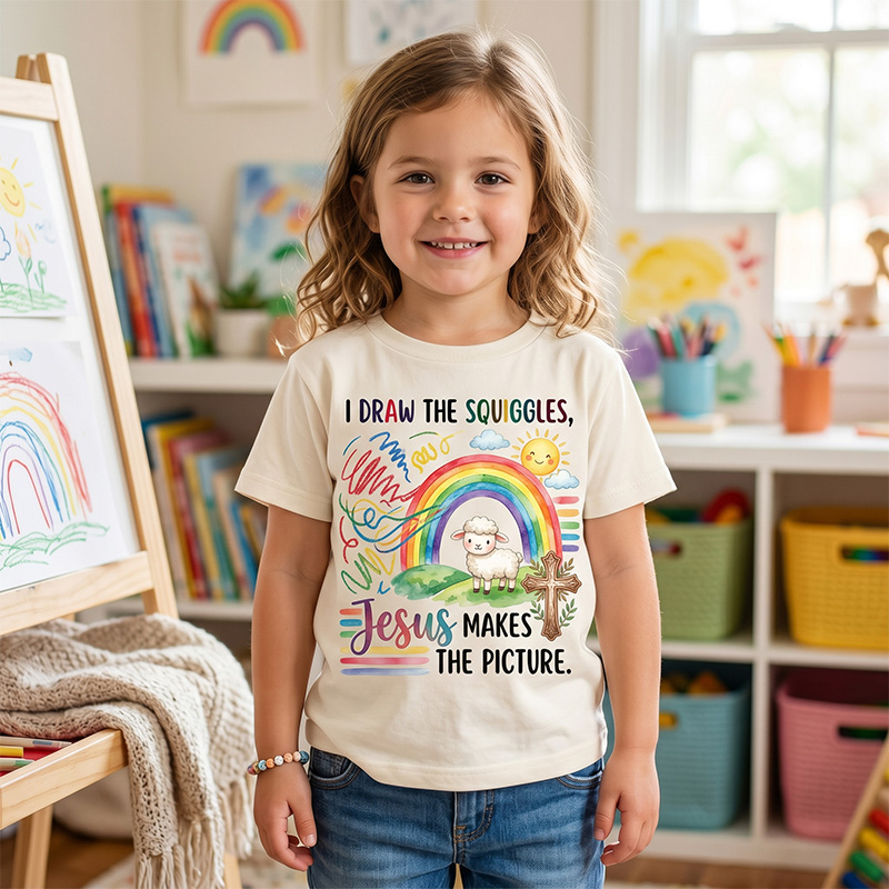 I Draw The Squiggles Jesus Makes The Picture Rainbow Christian Art Faith Inspiration Colorful Kid Shirt