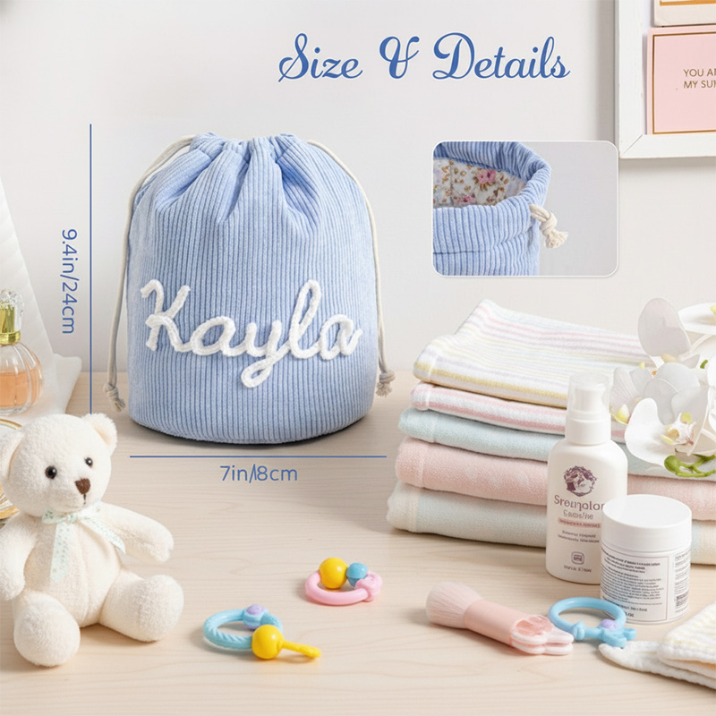 Personalized Seersucker Nursery Storage Basket Name Embroidered Baby Room Organizer Toys Wipes Caddy Makeup Bag Diaper Bag
