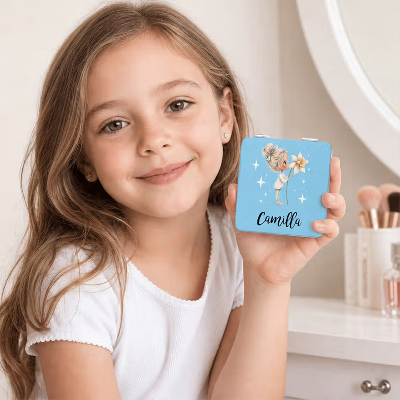 Personalized Birthstone Birth Flower Cartoon Girl Compact Heart Round Square Makeup Mirror with Name Portable Birthday Wedding Party Gift for Women