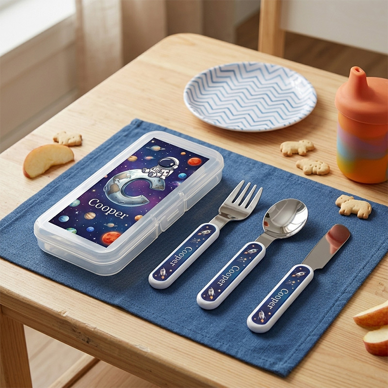 Personalized Kids Space Cutlery Set with Case Astronaut Rocket Fork Spoon Knife 3 Pcs Cutlery Set with Name and Case