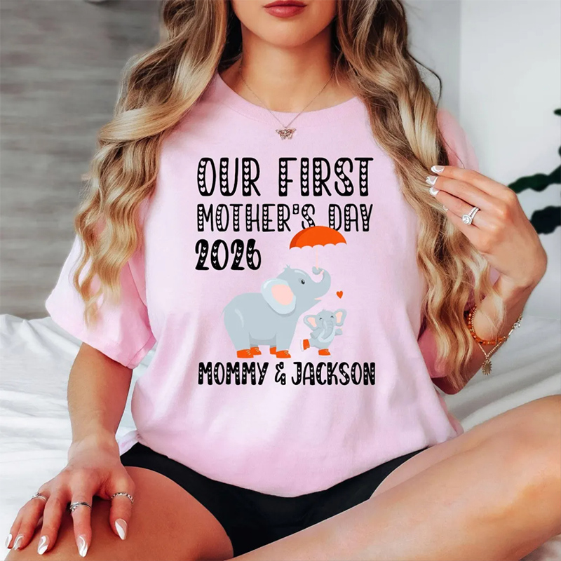 Personalized Name Our First Mothers Day 2026 Shirt New Mom Elephant Shirt, First Mothers Day Gift Mommy And Baby Matching