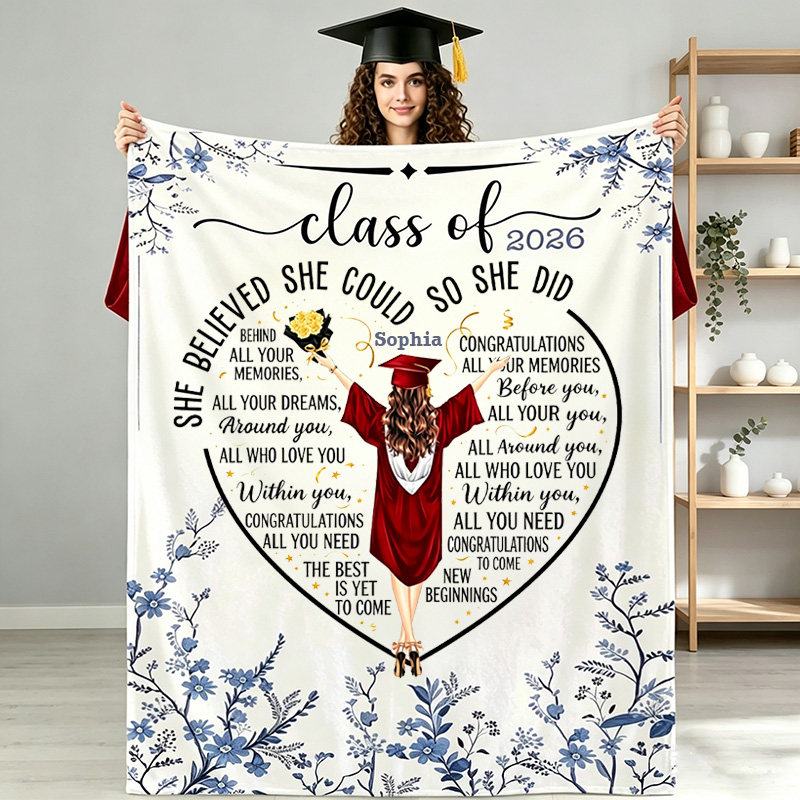 Personalized Cartoon Graduation Character Motivational Message Soft Throw Blanket with Year and Name Graduation Gift for Graduates