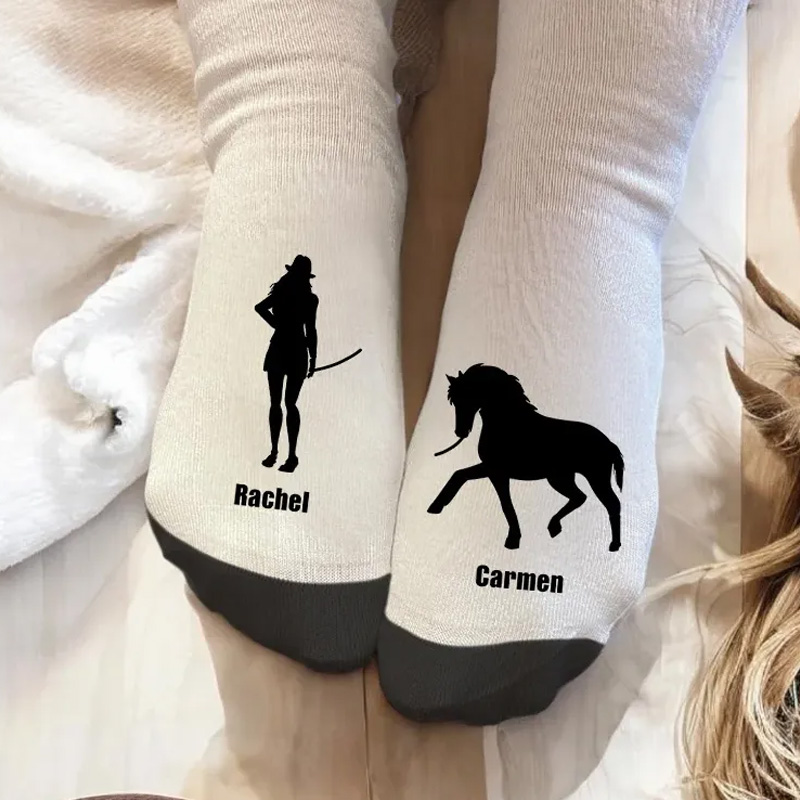 Personalized Horse Riding Socks Horse and Owner Silhouette Soft Midcalf Socks Custom Gift for Friend or Birthday Gifts for Rider Equestrian Riding Lovers