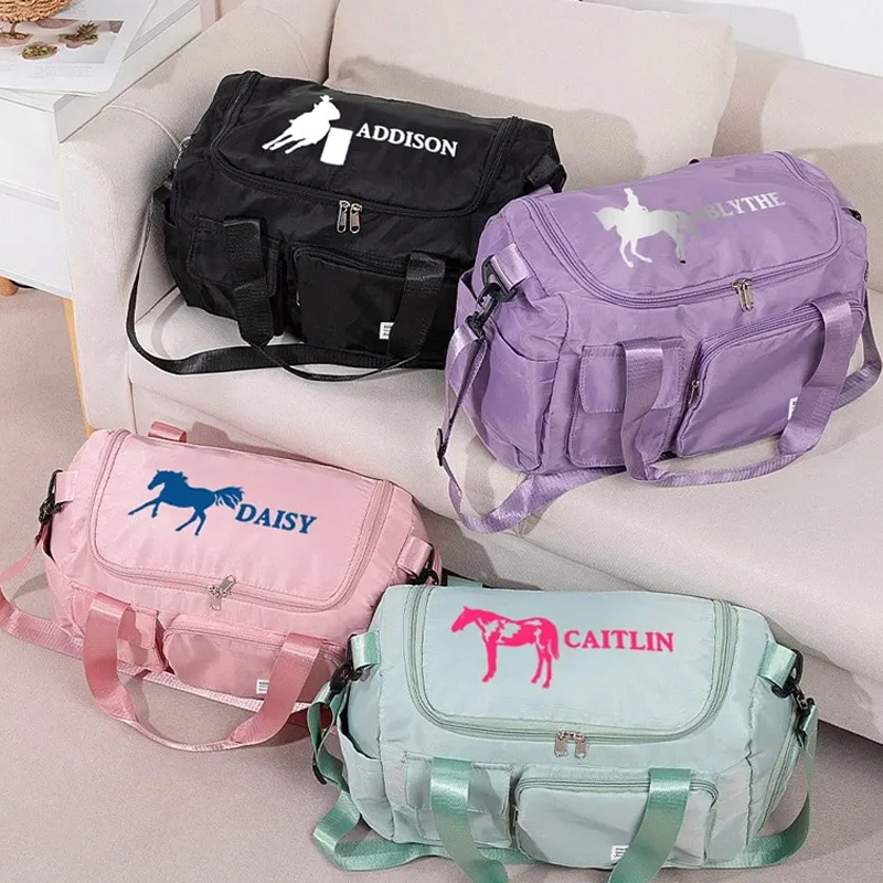 Personalized Horse Riding Duffle Bag Waterproof Equestrian Multi Compartment Travel Bag with Name and Shoulder Strap Travel Accessories Birthday Gift Overnight Bag Gift for Horse Lovers Riding Lovers Equestrian Lovers