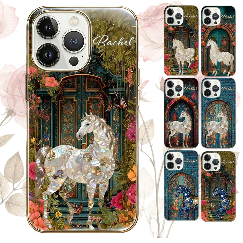Personalized Vintage Garden Floral Horse Portable Kindle Case Phone Case with Name Daily Use Birthday Gift for Riding Lovers Equestrian Lovers Unique Style Phone Cases