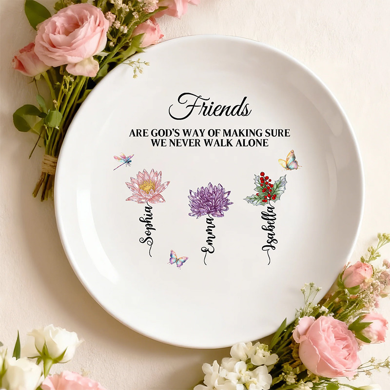 Personalized Crystal Birth Flower Ceramic Decorative Plate with Names and Text Daily Use Birthday Gift for Friends Wedding Gift for Bridesmaid Bestie