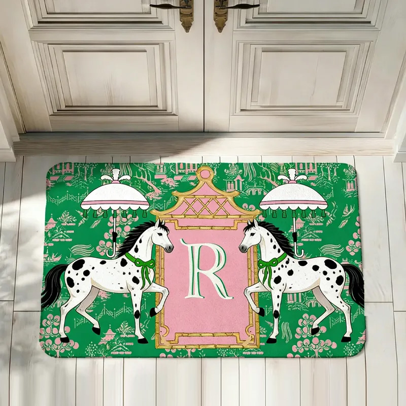 Personalized Horses Pagoda Chinoiserie Non Slip Door Mat with Initial Entryway Home Decor Housewarming Gift for Family for Riding Lovers Equestrian Lovers