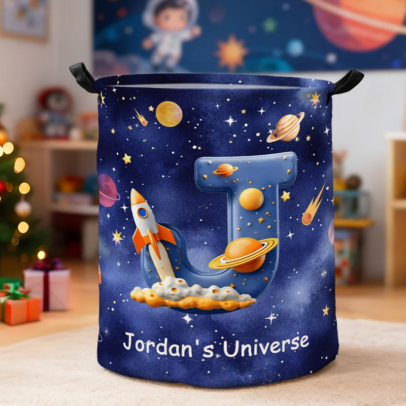 Personalized Space Planet Universe Nebula Star Waterproof Laundry Basket with Handle Initial and Text Birthday Boys Gift for Geek Lovers