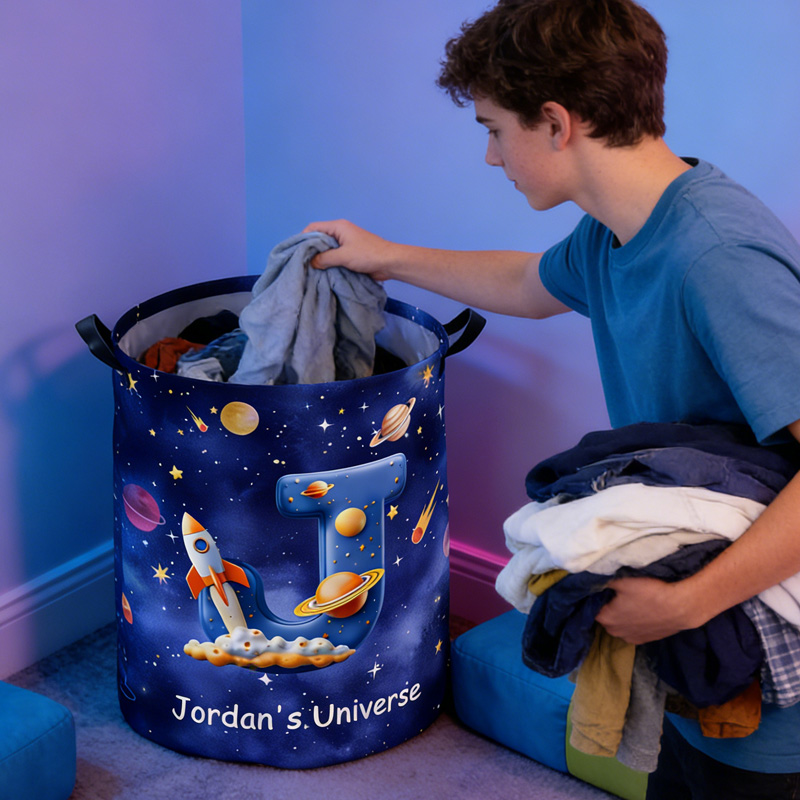 Personalized Space Planet Universe Nebula Star Waterproof Laundry Basket with Handle Initial and Text Birthday Boys Gift for Geek Lovers