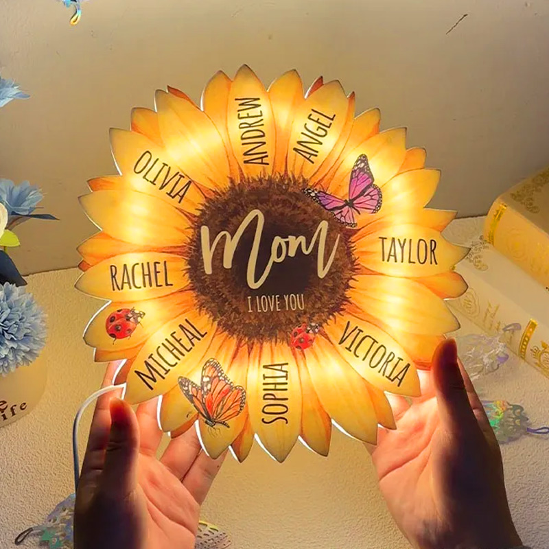 Personalized Family Member Name Sunflower Acrylic Lamp LED Night Light Custom Name Design for Mom Unique Gift for Mother's Day
