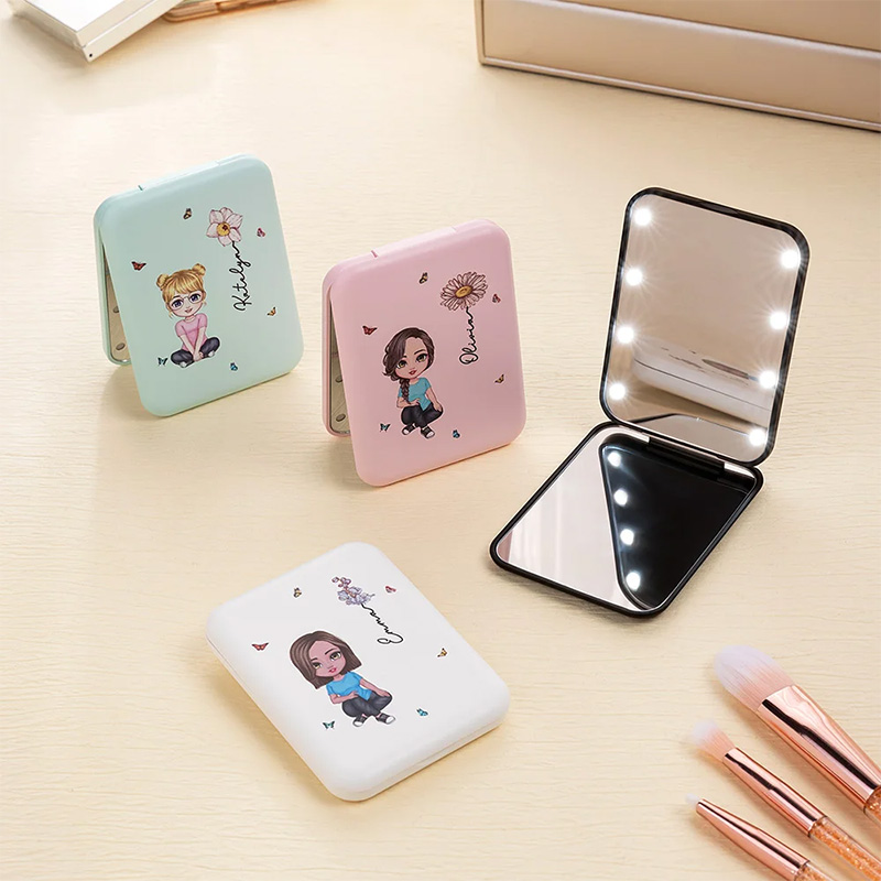 Personalized Cartoon Character Portable LED Double-Sided Compact Makeup Mirror with Birth Flower and Name Birthday Bridesmaid Gift for Women