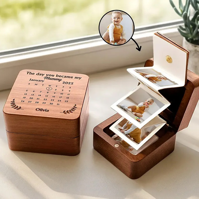 Personalized Wooden Accordion Photo Box Custom Photo Calendar The Day You Became My Mommy Daddy Gift for New Mom New Dad