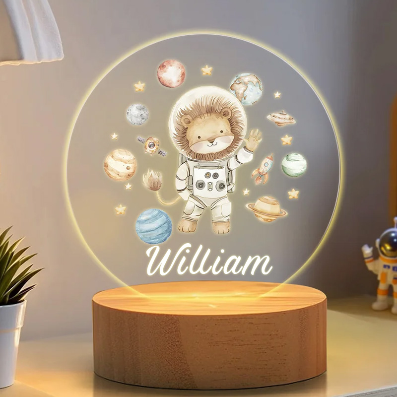 Personalized Cute Lion Bear Animal Astronauts Solar System Planets LED Night Light with Name and Wooden Base Nursery Decor Birthday Gift for Geek Lover