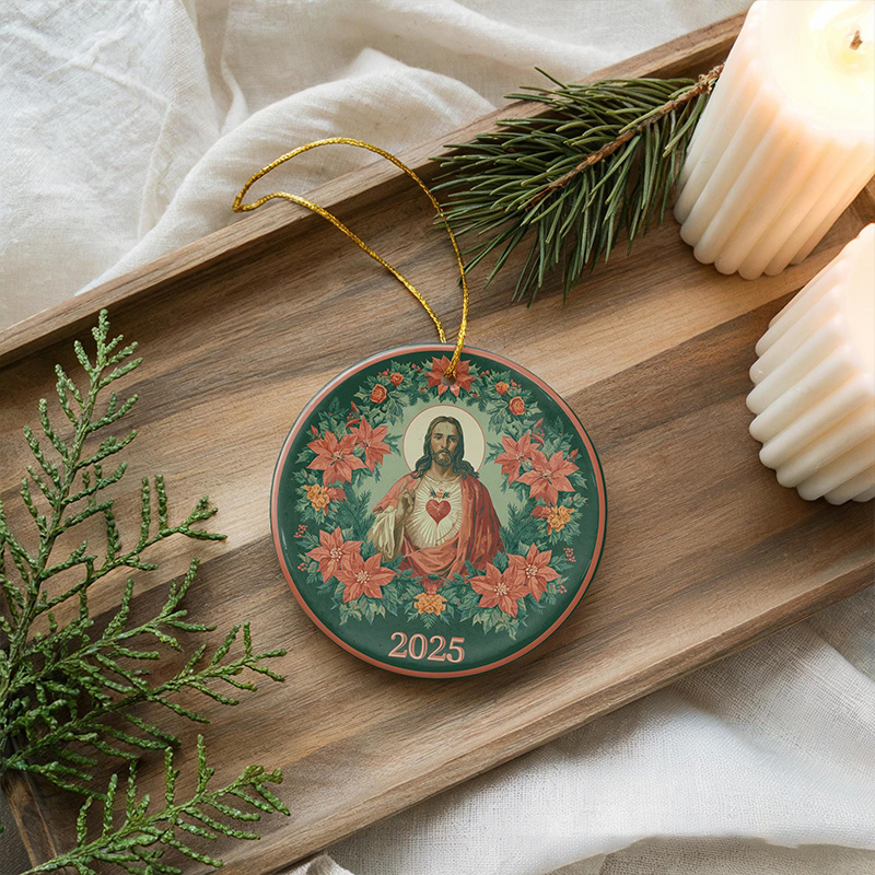 Personalized Sacred Heart of Jesus Ceramic Ornament with Year Religious Gift Christmas Home Decor Catholic Gift