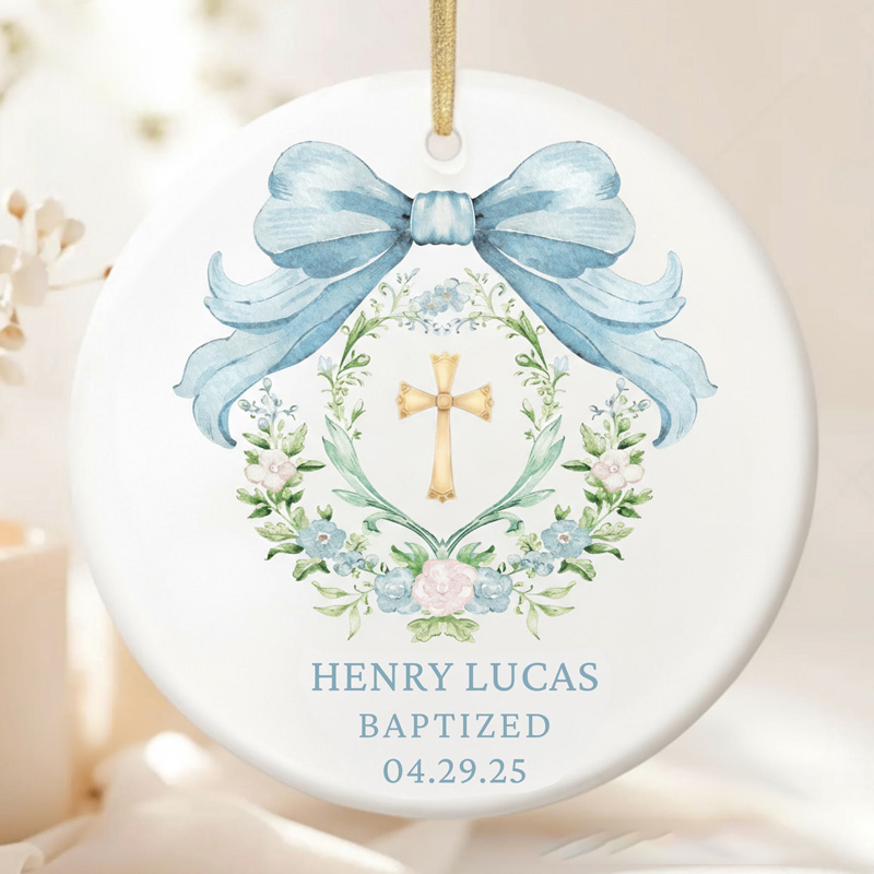 Personalized Cross Bow Ceramic Ornament with Name and Text Religious Gift Baptism Ornament Home Decor for Girls