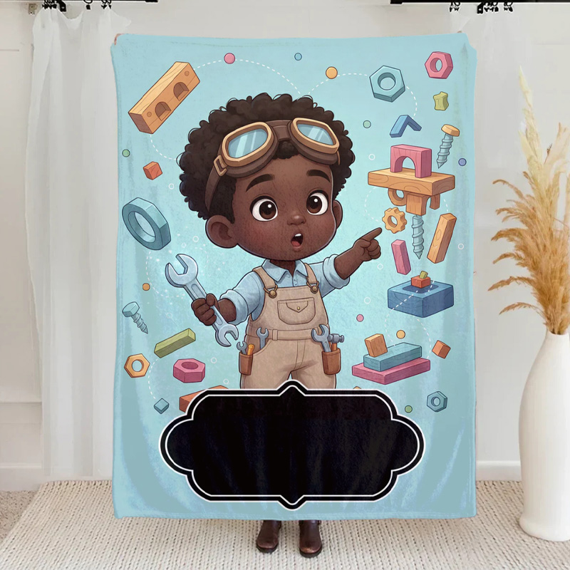 Personalized Cute Cartoon Little Dreamer Black Boy Soft Throw Blanket with Name Home Decor Birthday Gift for Geek Lover