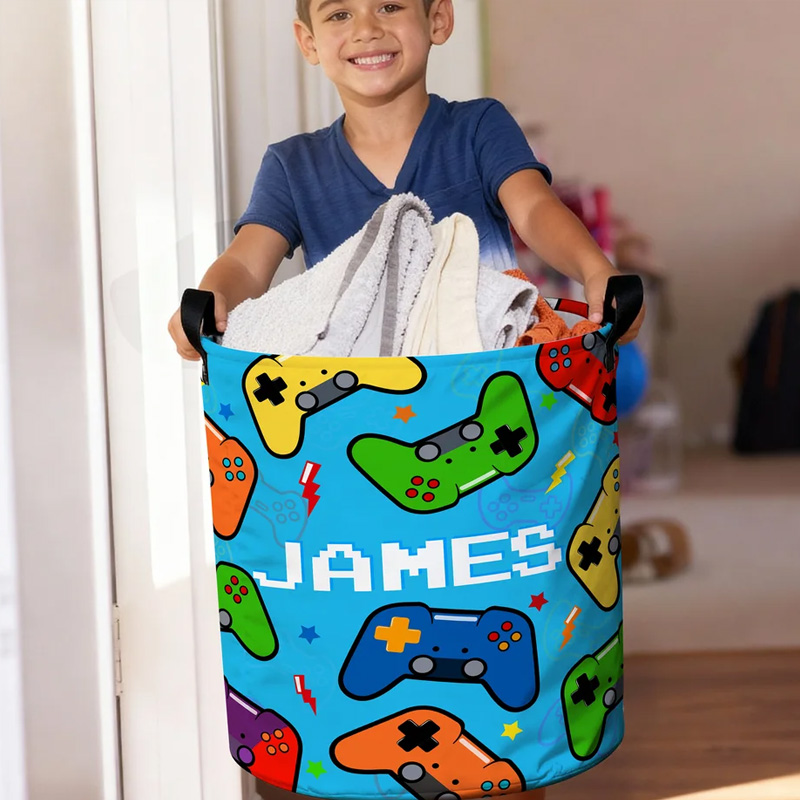 Personalized Gamepad Waterproof Laundry Basket with Handle and Name Bedroom Laundry Room Birthday Gift for Gamer Geek Lover