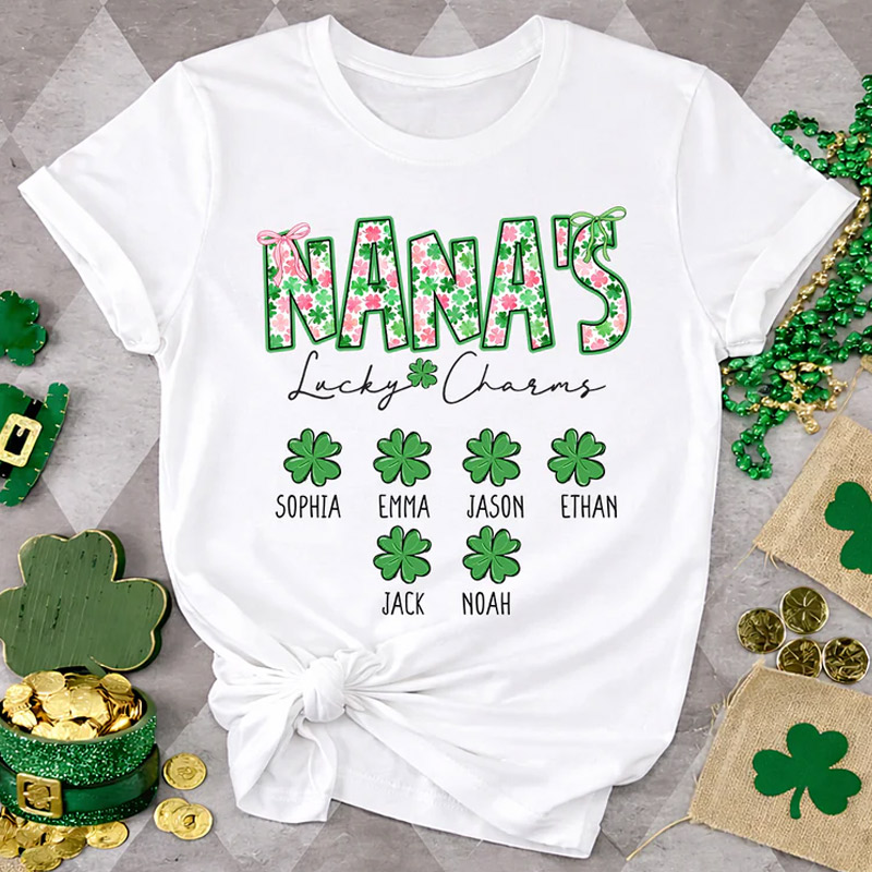 Personalized Nana’s Lucky Charms Shirt St Patrick’s Day Shamrock Family T-Shirt Gift for Grandma