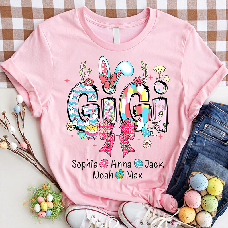 Personalized Gigi Easter Shirt with Grandkids Names, Cute Bunny Spring Family Tee Easter Gift for Grandma