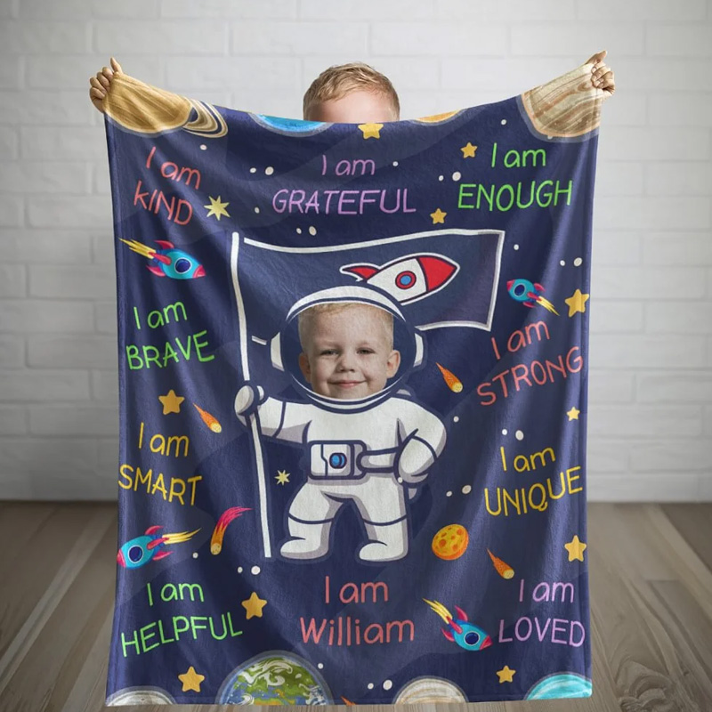 Personalized Cute Astronaut Galaxy Photo Name Throw Blanket with Positive Affirmations Phrase Birthday Gift for Geek Lover