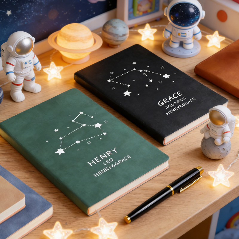 Personalized Zodiac Name Leather Notebook Birthday Gift for Astrology Geek Lovers
