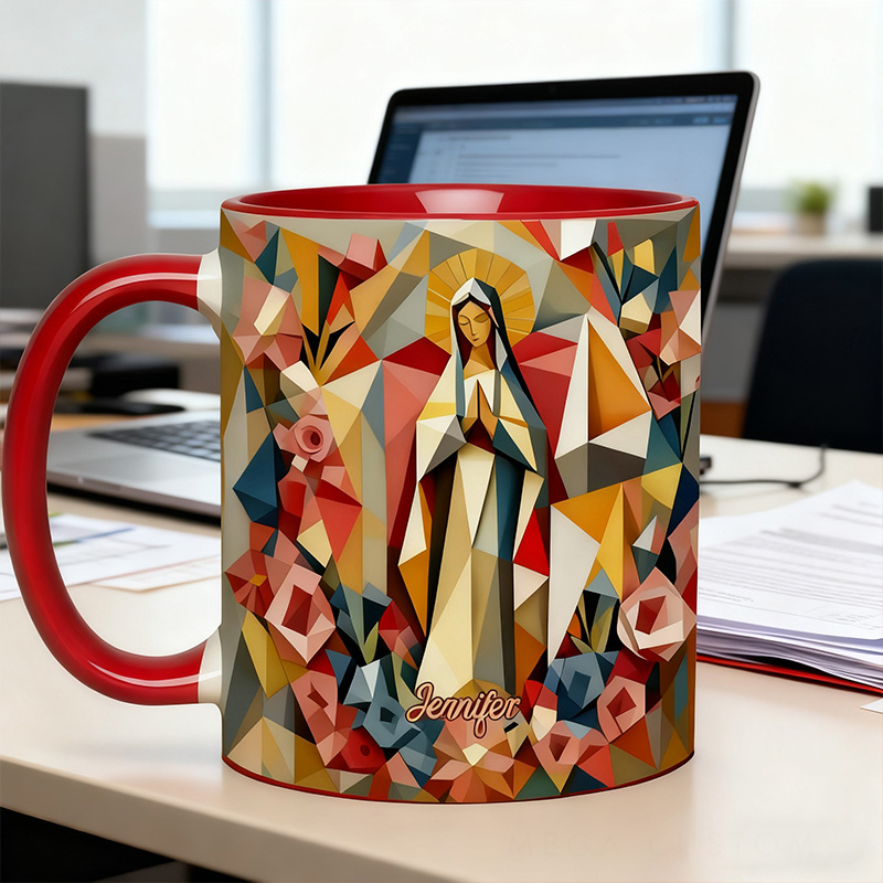 Personalized Geometric Virgin Mary Ceramic Mug with Name Religious Inspirational Gift Faith Gift Catholic Gift for Women