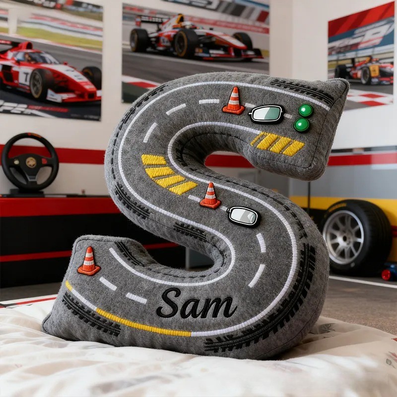 Personalized Racing Style Letter Pillow Custom Initial and Name Road Track Shaped Cushion for Car Lovers and Motorsport Fans