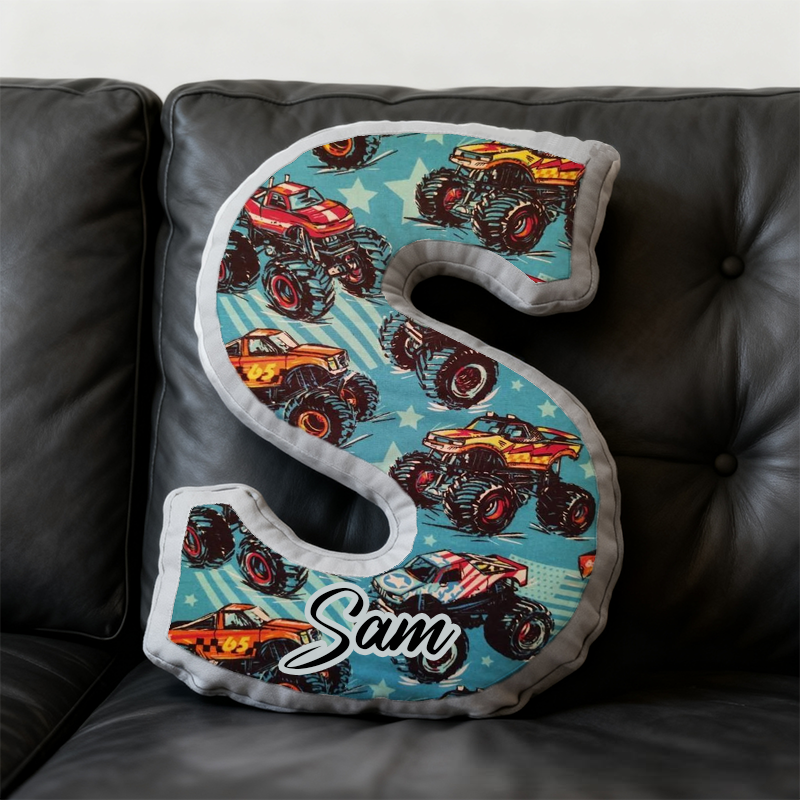 Personalized Monster Truck Initial Pillow with Custom Name Gift for Truck Enthusiasts