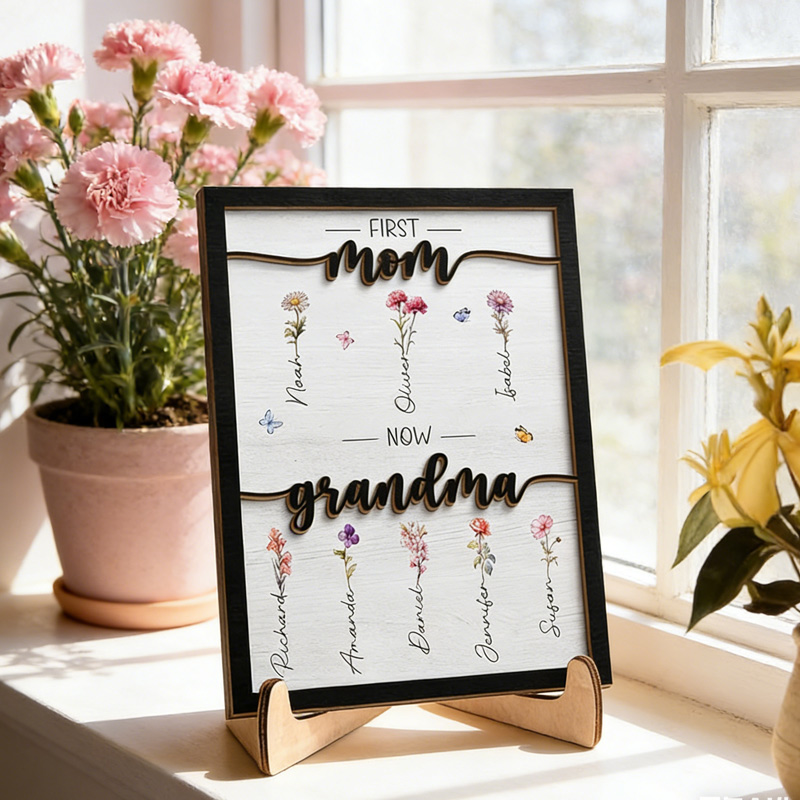 Personalized Birth Month Flower First Mom Now Grandma Custom Two-layer Wooden Plaque Gift for Grandma Grandparent Mother's Day Birthday