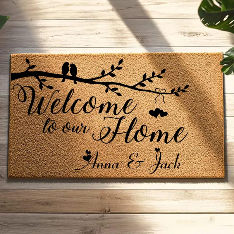 Personalized Welcome Door Mat Welcome to our Home Mat with Love Birds Indoor Outdoor Rug for Couple Housewarming Gift
