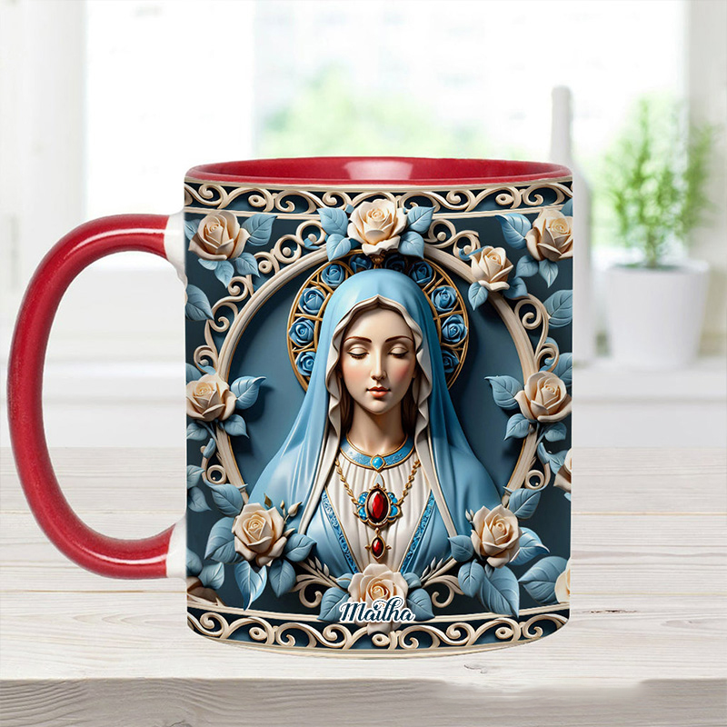 Personalized Mother of God Rosette Wreath Emblem Ceramic Mug with Name Religious Inspirational Gift Faith Gift Catholic Gift for Women