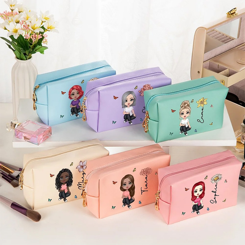 Personalized Cartoon Character Leather Makeup Pouch Bag with Birth Flower and Name Portable Bride Essentials Birthday Bridesmaid Gift for Women Girls