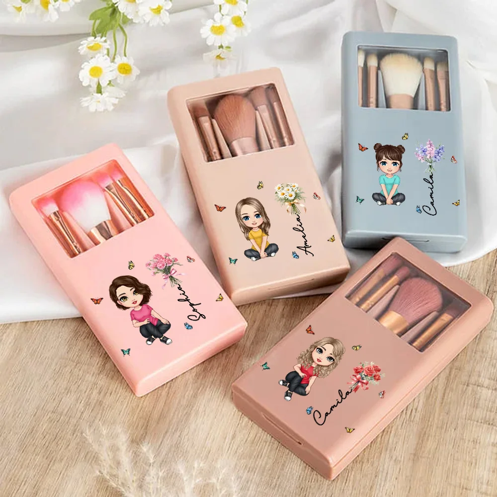 Personalized Birth Flower Bouquet Name Cartoon 5 Pcs Makeup Brush Bridesmaid Gift Storage Box Set with Mirror Birthday Bridal Shower Gift for Her