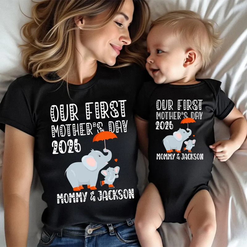 Personalized Name Our First Mothers Day 2026 Shirt New Mom Elephant Shirt, First Mothers Day Gift Mommy And Baby Matching