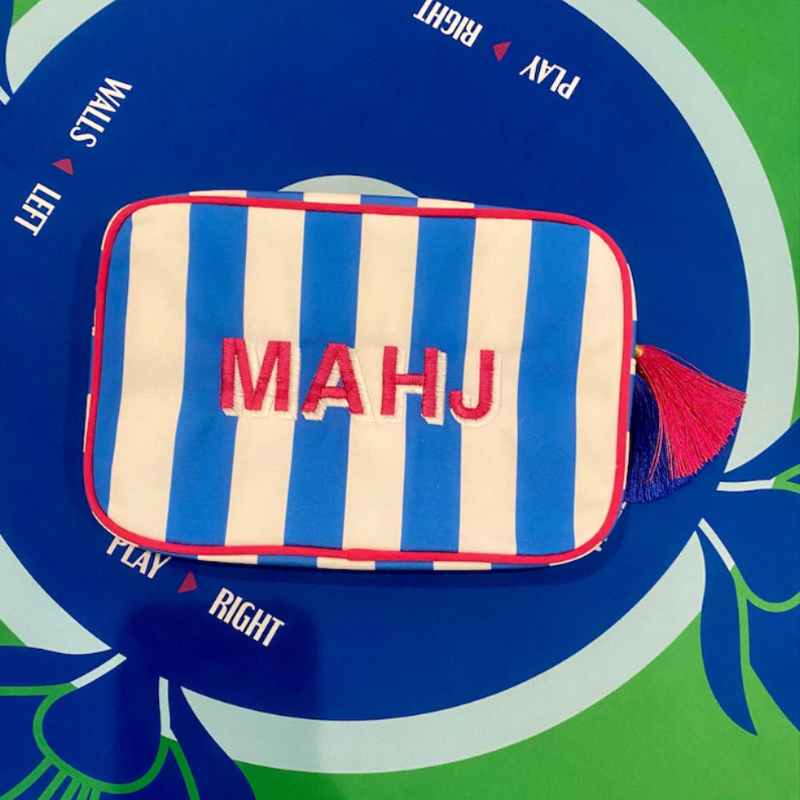 Personalized Mahjong Tile Striped Bag with Tassel Zipper Canvas Pouch Mahjong Lover Gift