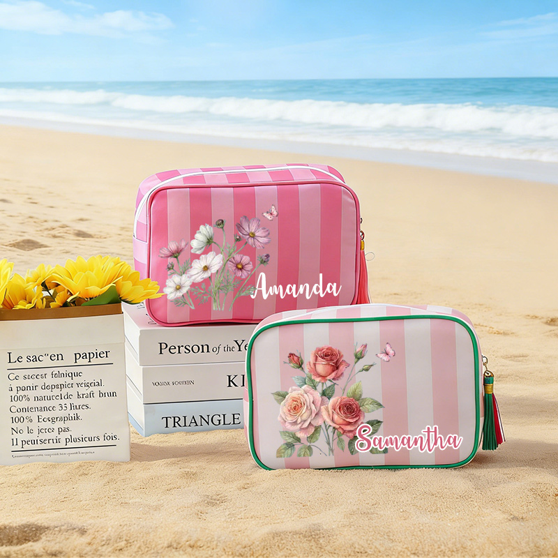Personalized Name Birth Flower Striped Makeup Bag with Tassel Zipper, Canvas Toiletry Pouch, Birthday/Wedding Gift for Her/Mom/Bridesmaids/Women
