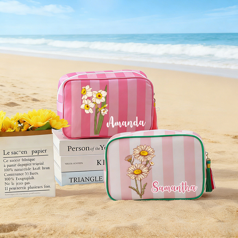 Personalized Birth Flower Striped Makeup Bag with Tassel Zipper, Canvas Toiletry Pouch, Birthday/Wedding Gift for Her Summer Beach Gift