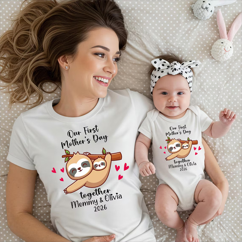 Personalized First Mother's Day Shirt Funny Sloth 1st Mother's Day T-shirt Mother and Baby Matching T-shirts