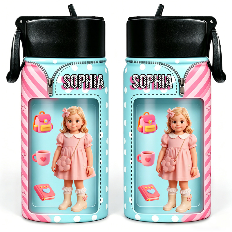 Personalized Pink Blue Kids Water Bottle Custom Name Photo Thermos Cup Cute Theme Gift Design