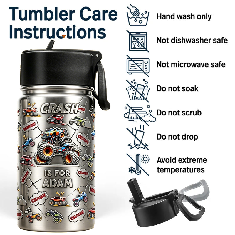 Personalized Monster Truck Crash Kids Water Bottle with Custom Name and Faux 3D Bubble Effect Off Road Cars Design for Boys