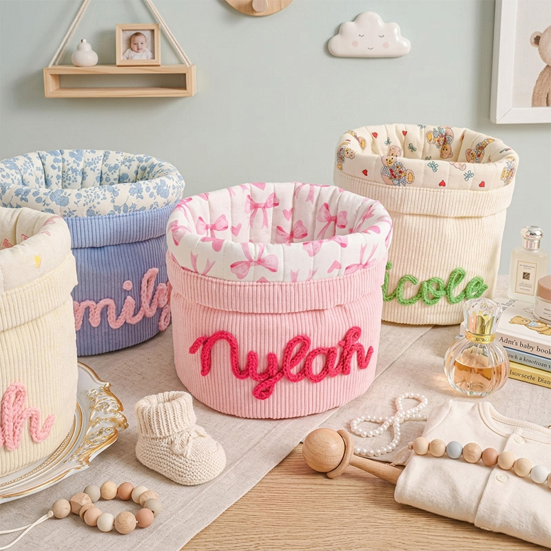 Personalized Seersucker Nursery Storage Basket Name Embroidered Baby Room Organizer Toys Wipes Caddy Makeup Bag Diaper Bag