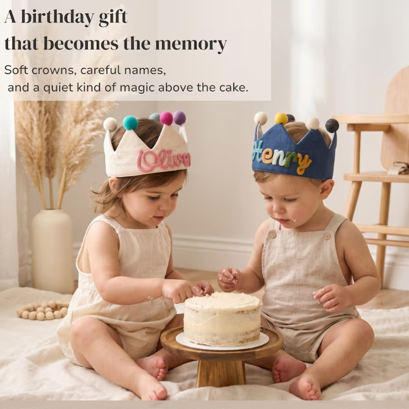 Personalized Linen Birthday Crown Handmade Kids Party Hat Keepsake for First Birthday Party