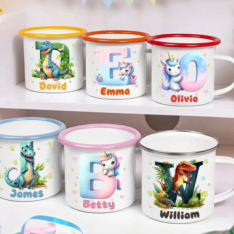 Personalized Fantasy Dream Horse Dinosaur 12 oz Multicolor Rim Enamel Mug with Name and Initial Birthday Back to School Gift for Kids