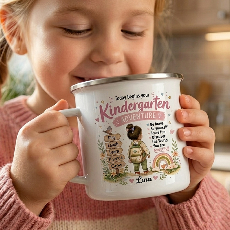 Personalized Kindergarten Enamel Mug Today Begins Your Kindergarten Adventure Custom Name First Day of School Cup Back To School Gift