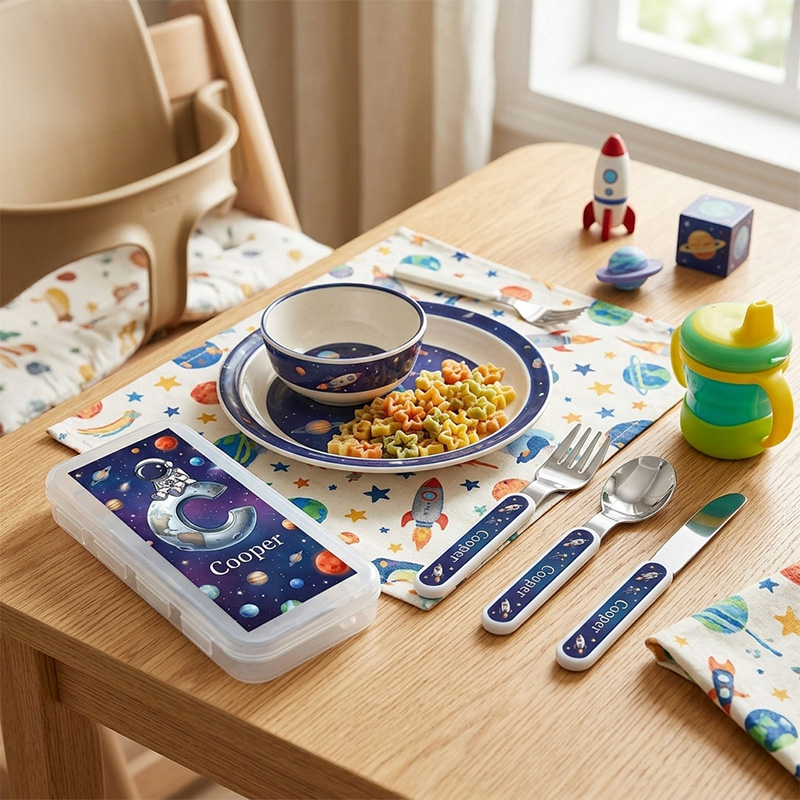 Personalized Kids Space Cutlery Set with Case Astronaut Rocket Fork Spoon Knife 3 Pcs Cutlery Set with Name and Case