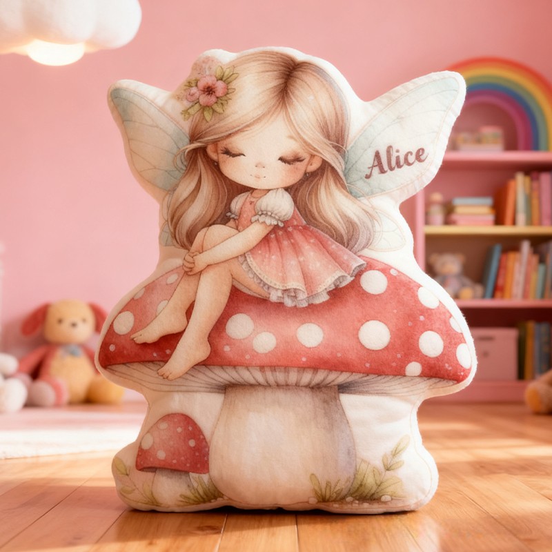 Personalized Fairy Girl Custom Name Soft Decorative Gift Magical Fantasy Style Cozy Nursery Sweet Mushroom Dream Lovely Wings Enchanted Forest Graphic 3D Print Pillow Sale-megacustom